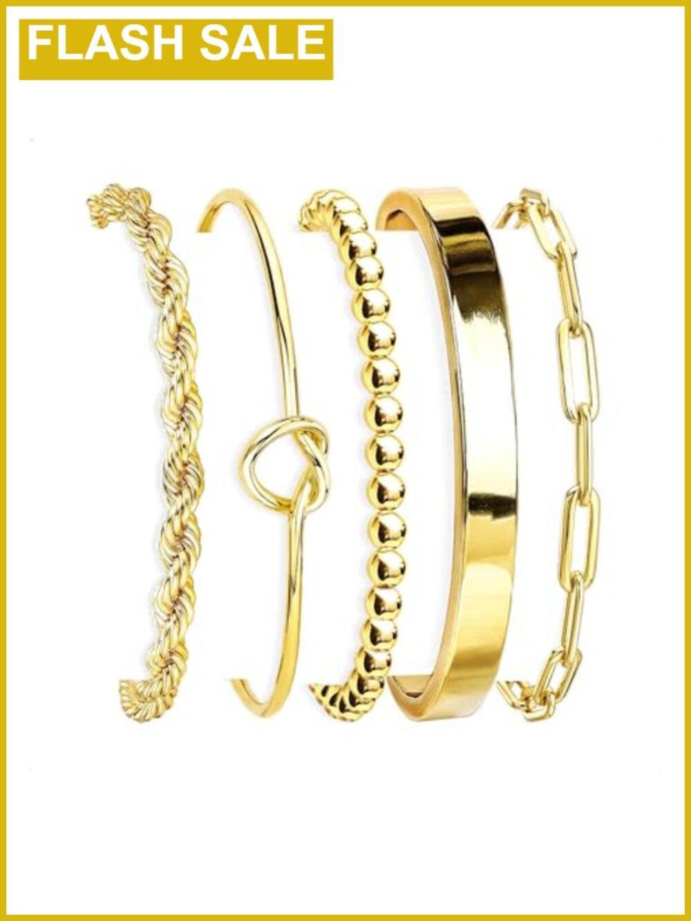 Gold Plated Bracelet Set 5 Stackable Bangle Cuff Paperclip Cuban Chain Jewelry